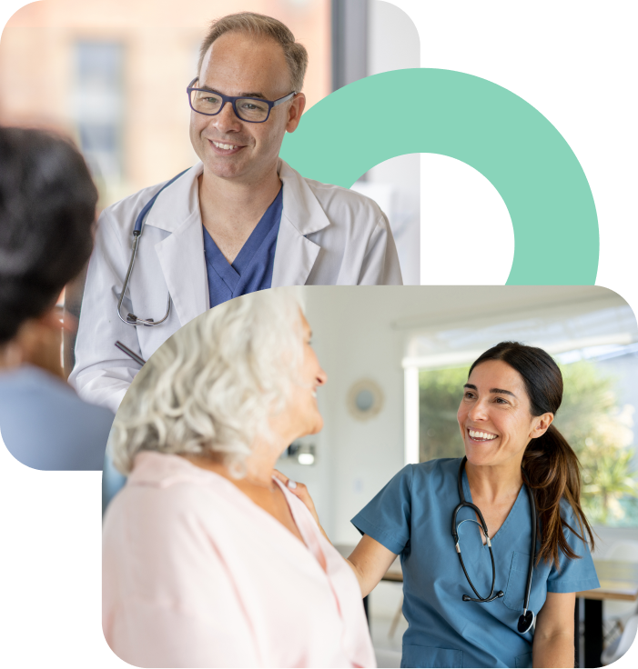 Doctor and nurse with patient overlay with teal semi-circle